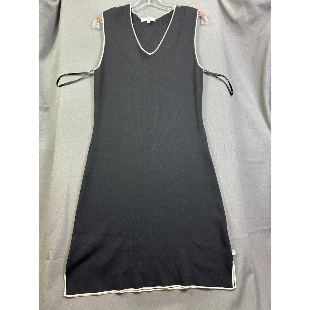 Vertigo Paris Women Black Knit Sleeveless V-Neck Sheath Dress SZ L Contrast Trim